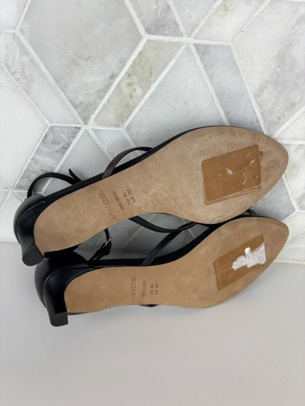 8 Vince Siri Black Brown Leather Sandal Ankle Strap Kitten Heel Pointed Toe Slip - Picture 9 of 11